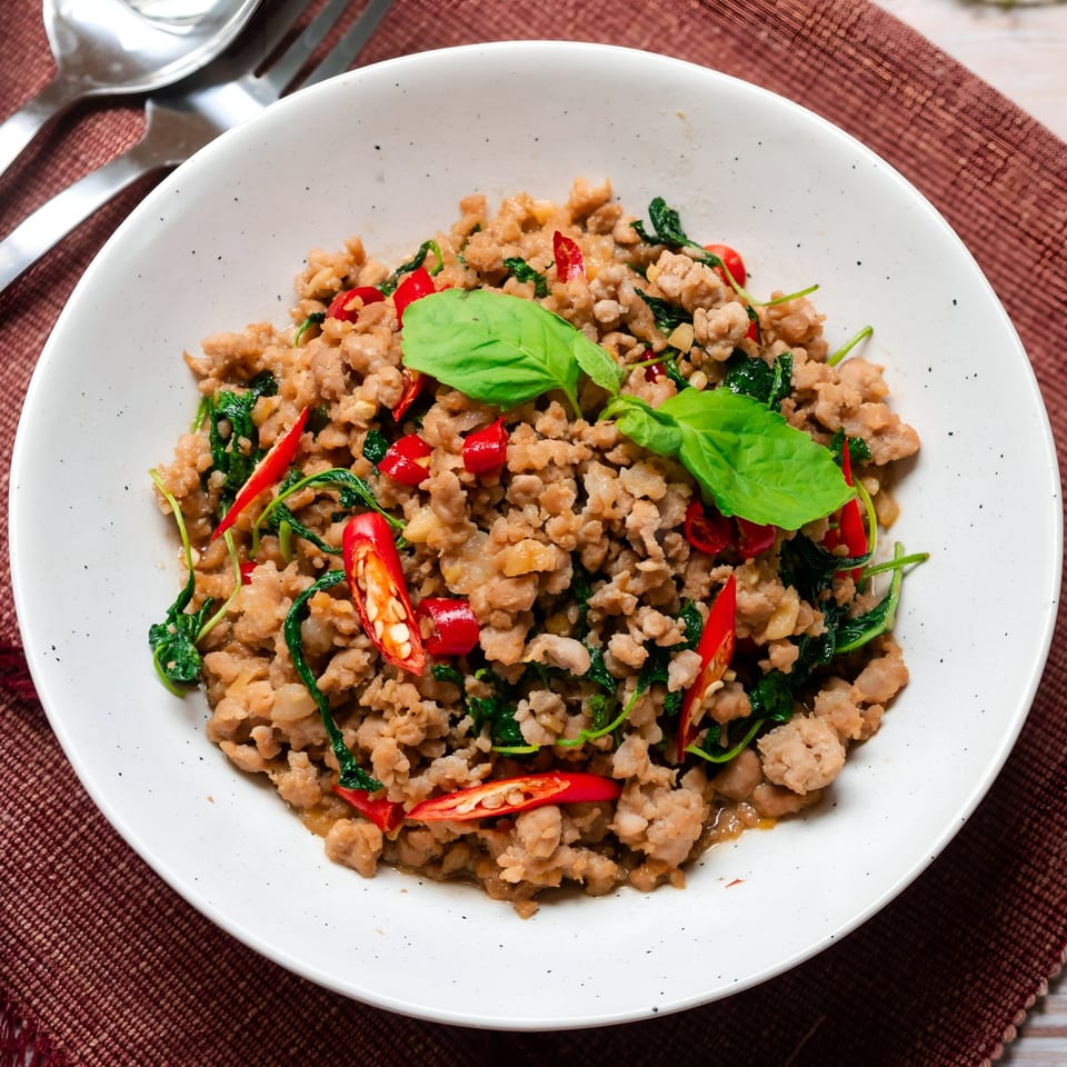 Kati Thai Eatery's Pad Krapow, a Thai dish with minced meat, basil, and red chilies.