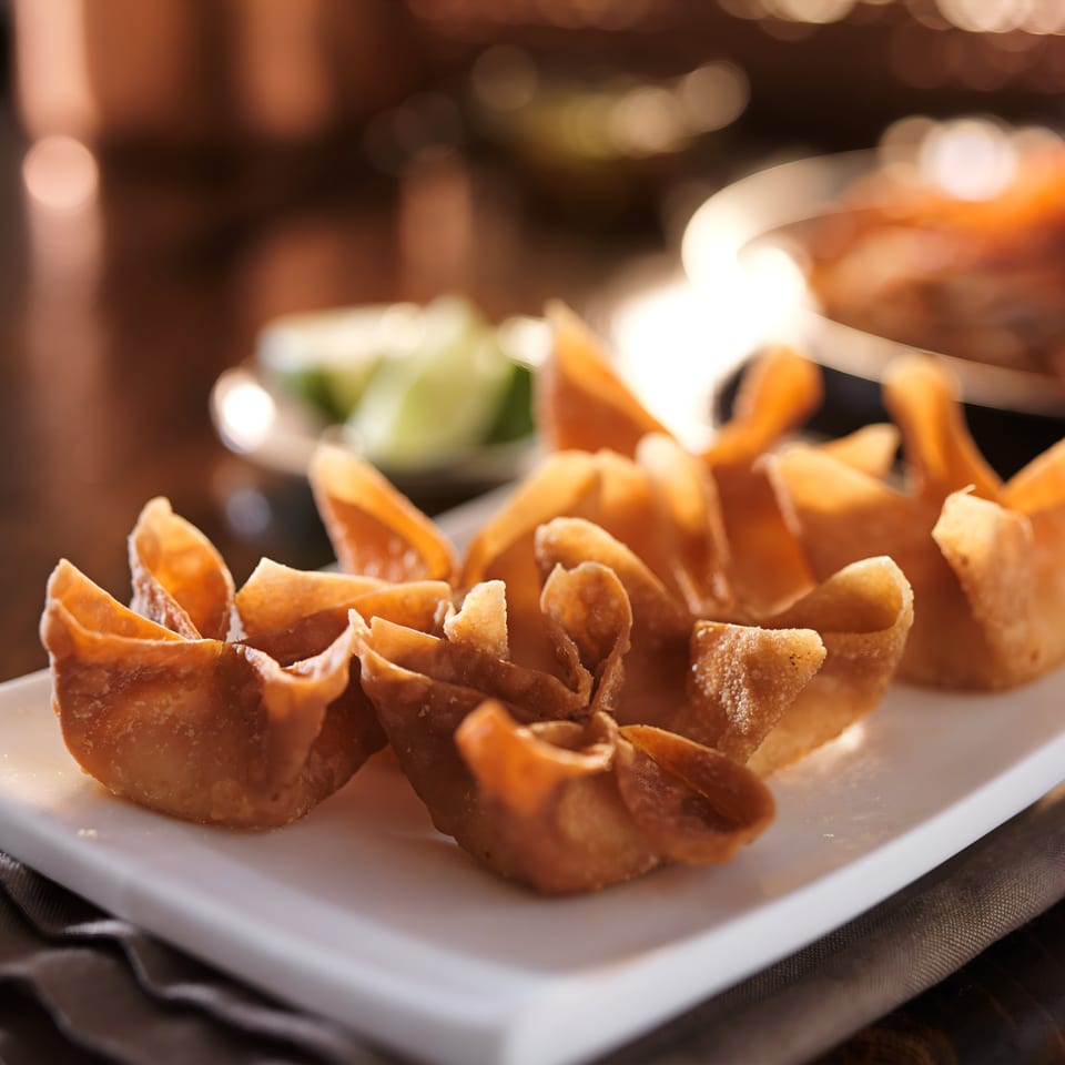 Crispy golden-brown Thai wonton cups on a white rectangular plate, with a blurred background.