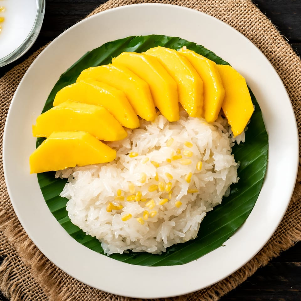 Kati Thai Eatery's mango sticky rice dessert with bright yellow mango slices and white sticky rice.